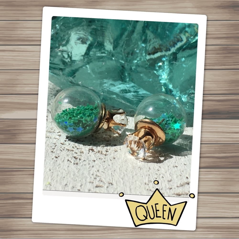 Dark Green Star Double Stud Earrings - Picture 2 of 8